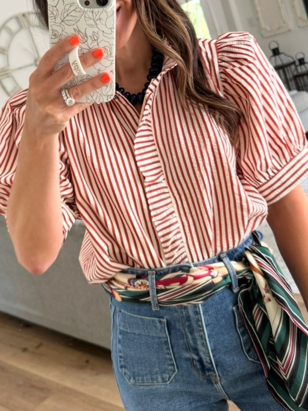 Striped Red Puff-Sleeve Button-Up Women's Top🌻